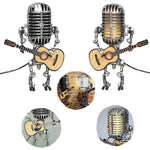 Vintage Metal Microphone Robot With Guitar Table Lamp