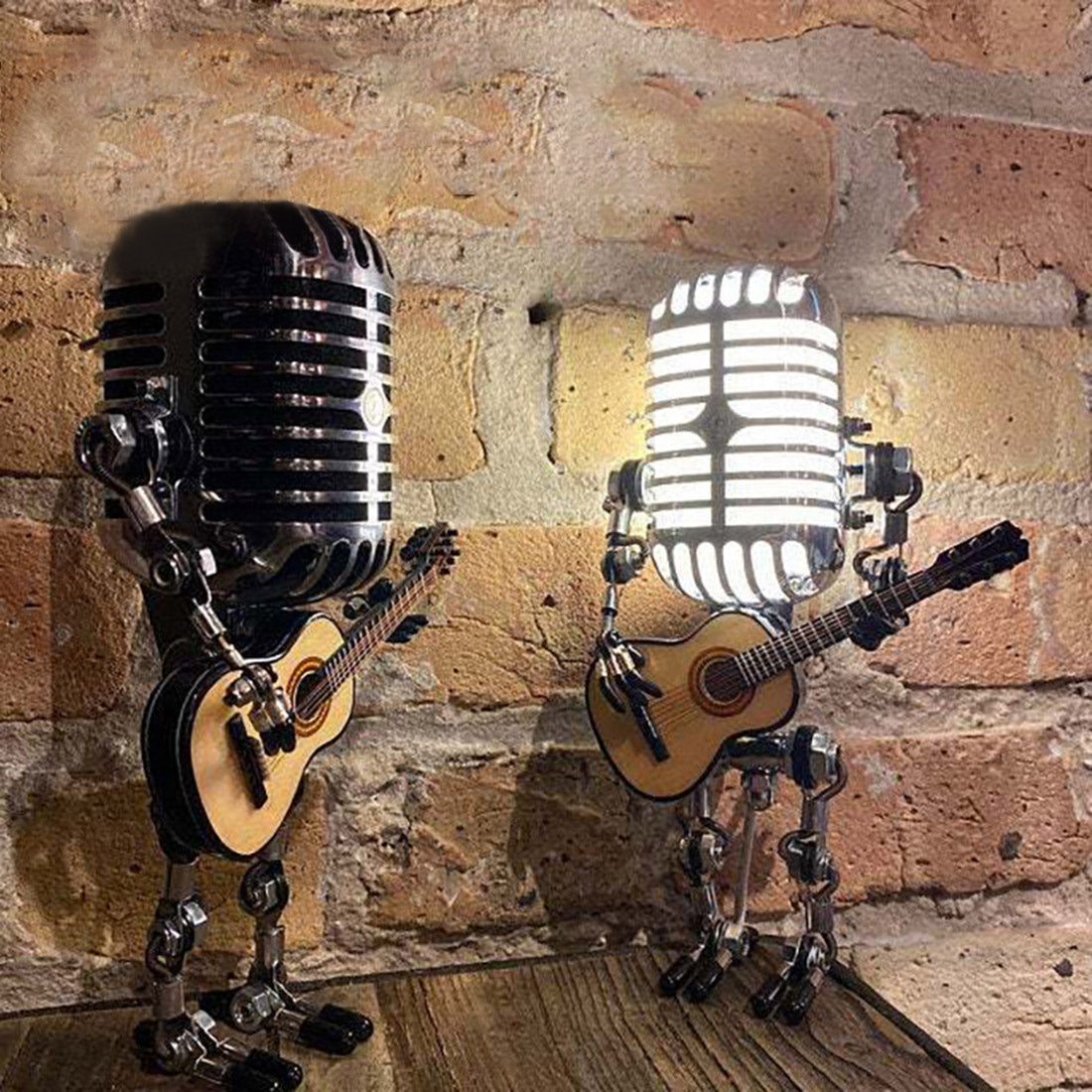 Vintage Metal Microphone Robot With Guitar Table Lamp