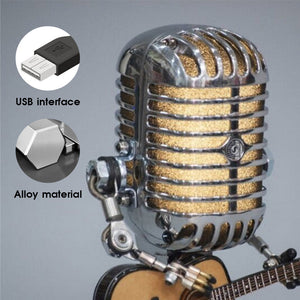 Vintage Metal Microphone Robot With Guitar Table Lamp