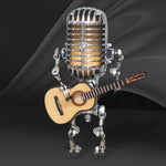 Vintage Metal Microphone Robot With Guitar Table Lamp